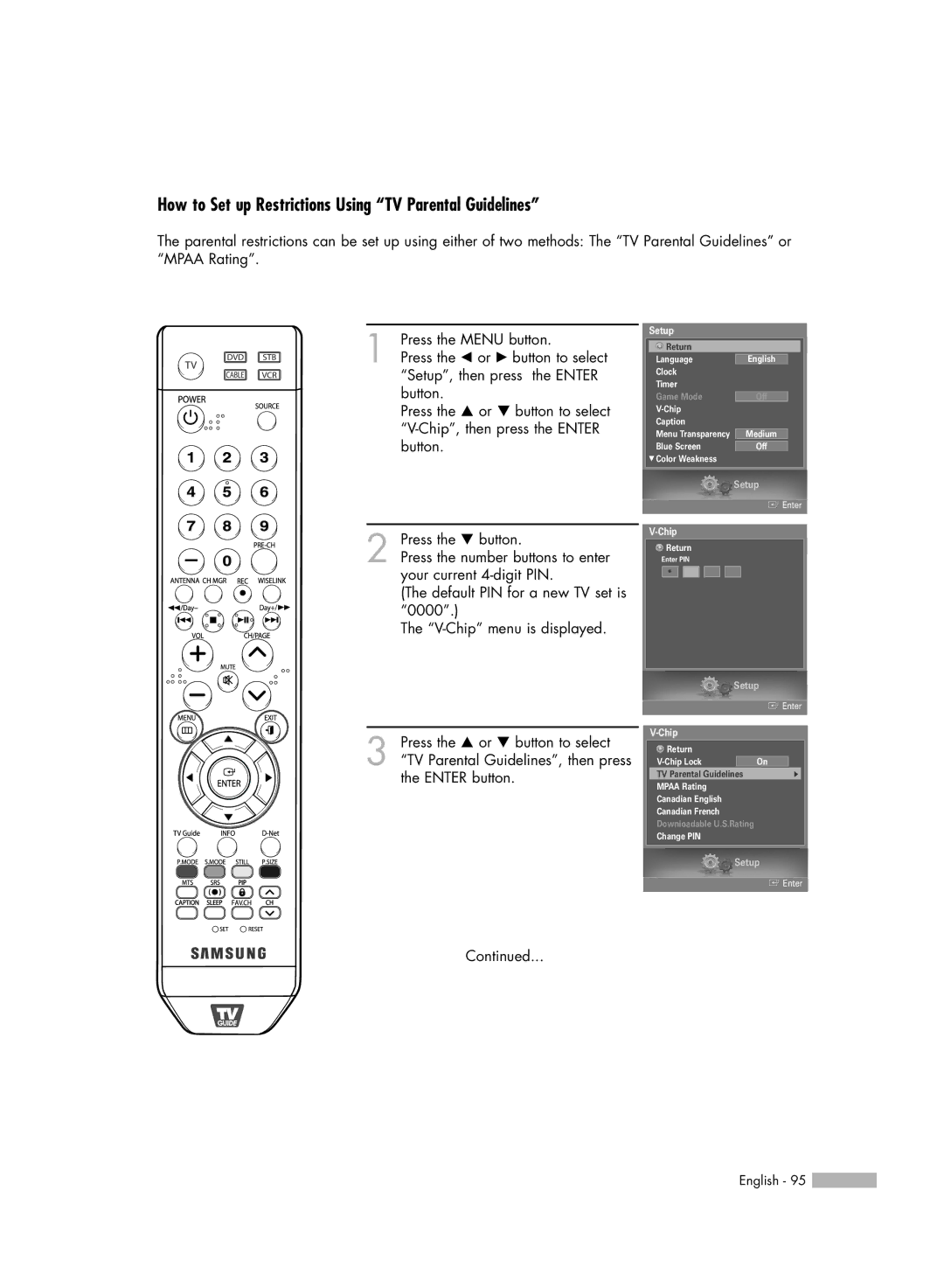 Samsung HL-S5679W manual How to Set up Restrictions Using TV Parental Guidelines 