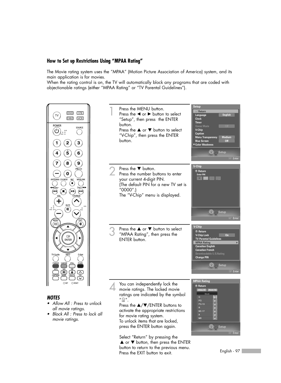 Samsung HL-S5679W manual How to Set up Restrictions Using Mpaa Rating 