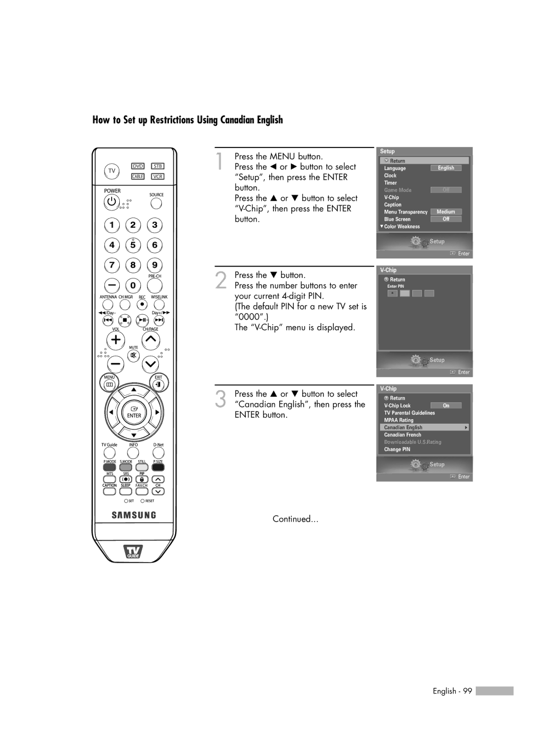 Samsung HL-S5679W manual How to Set up Restrictions Using Canadian English 