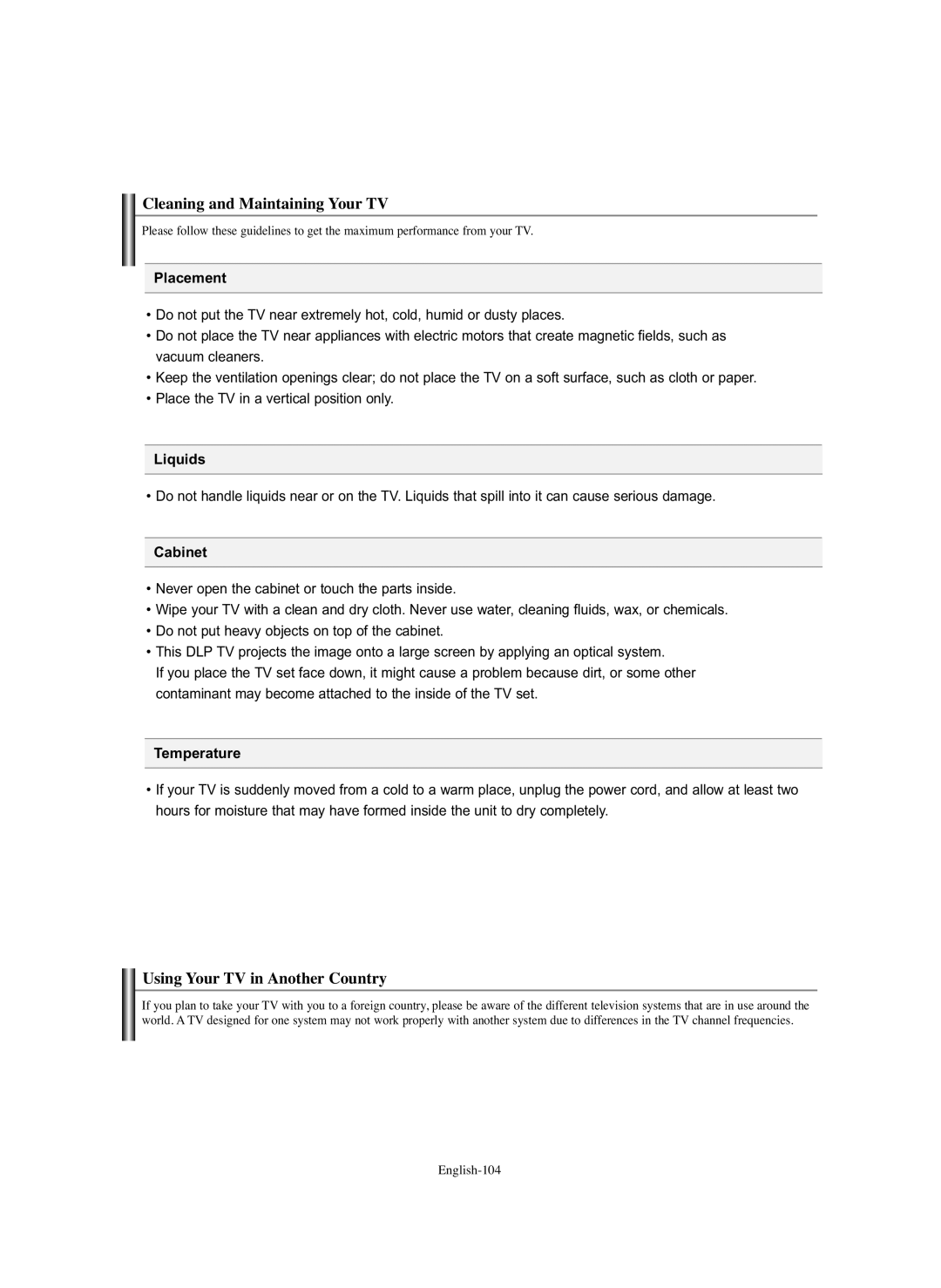 Samsung HL-S5686C manual Cleaning and Maintaining Your TV, Using Your TV in Another Country 