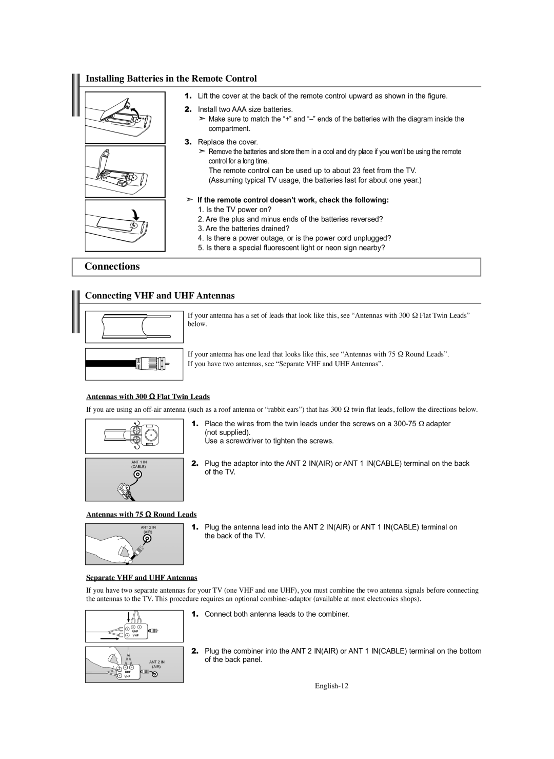 Samsung HL-S5686C manual Installing Batteries in the Remote Control, Connecting VHF and UHF Antennas 