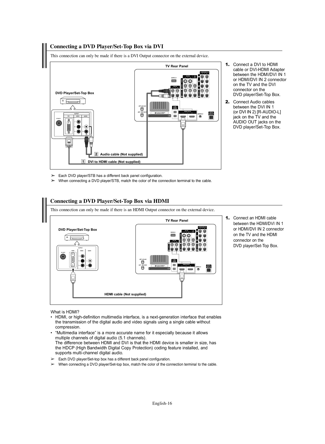 Samsung HL-S5686C manual Connecting a DVD Player/Set-Top Box via DVI, Connecting a DVD Player/Set-Top Box via Hdmi 