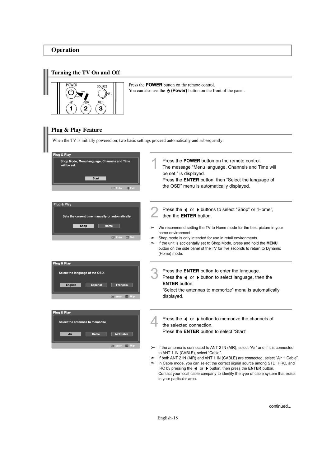 Samsung HL-S5686C manual Turning the TV On and Off, Plug & Play Feature 