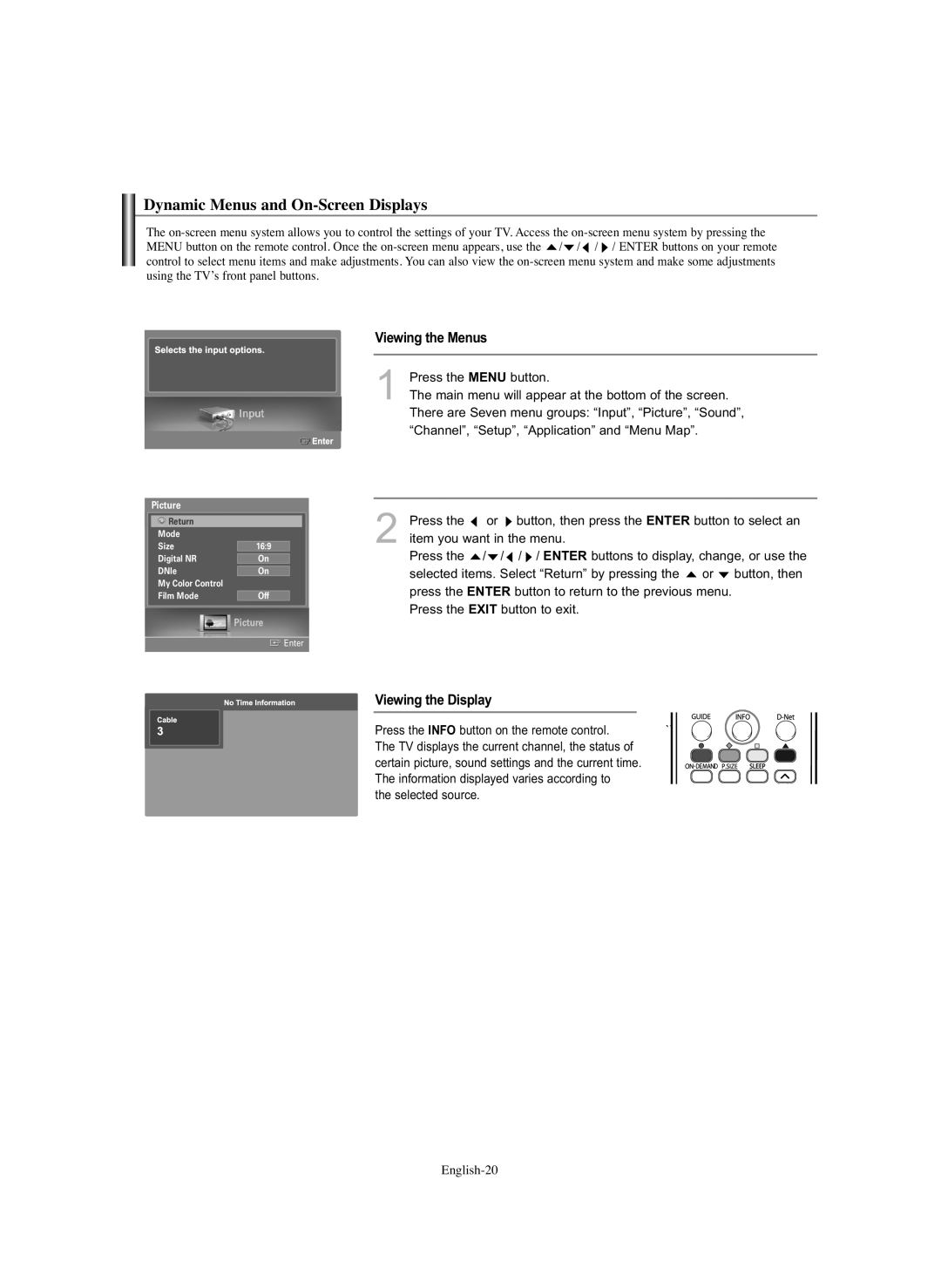 Samsung HL-S5686C manual Dynamic Menus and On-Screen Displays, Viewing the Menus, Viewing the Display, Picture 