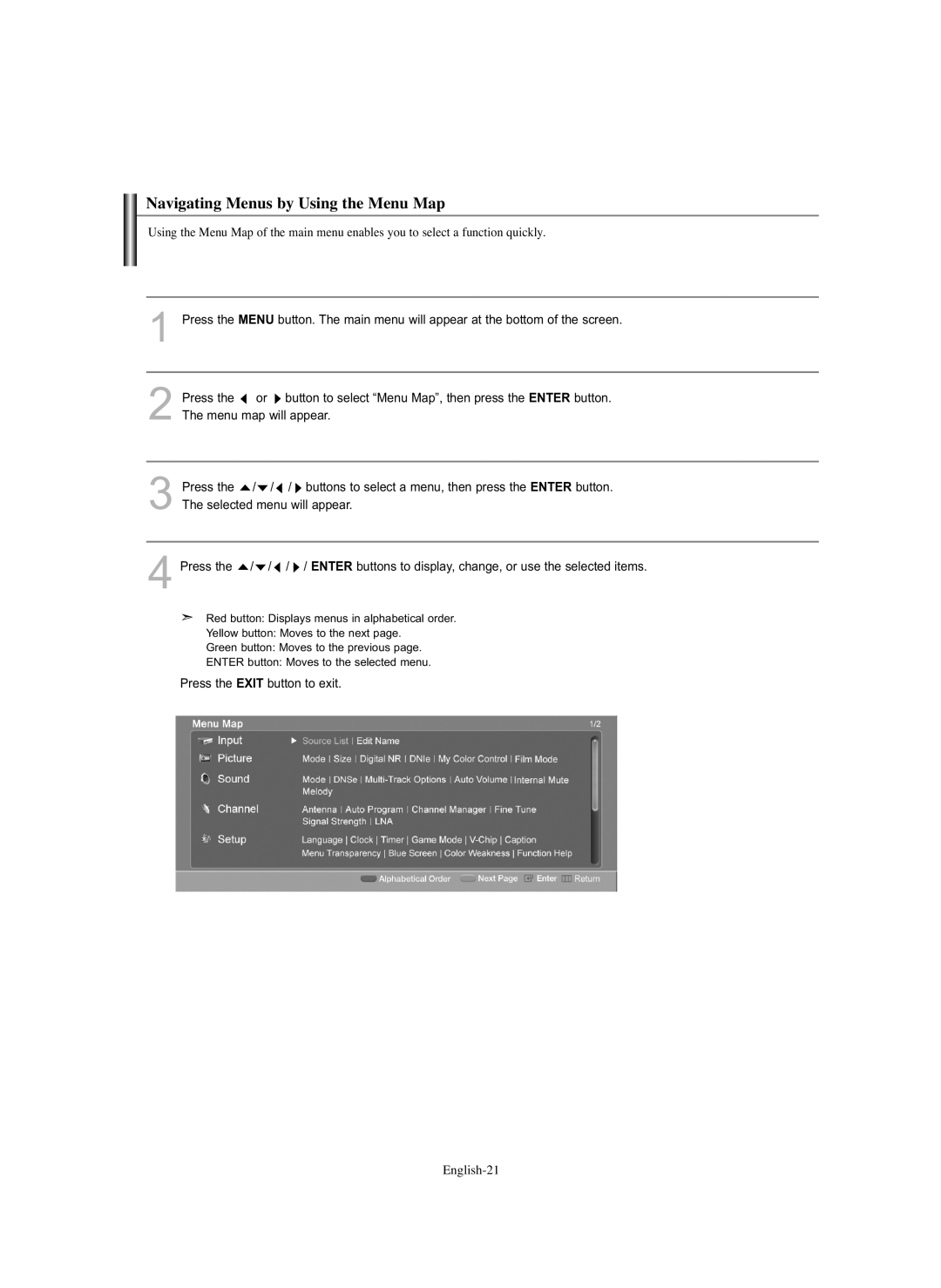 Samsung HL-S5686C manual Navigating Menus by Using the Menu Map 