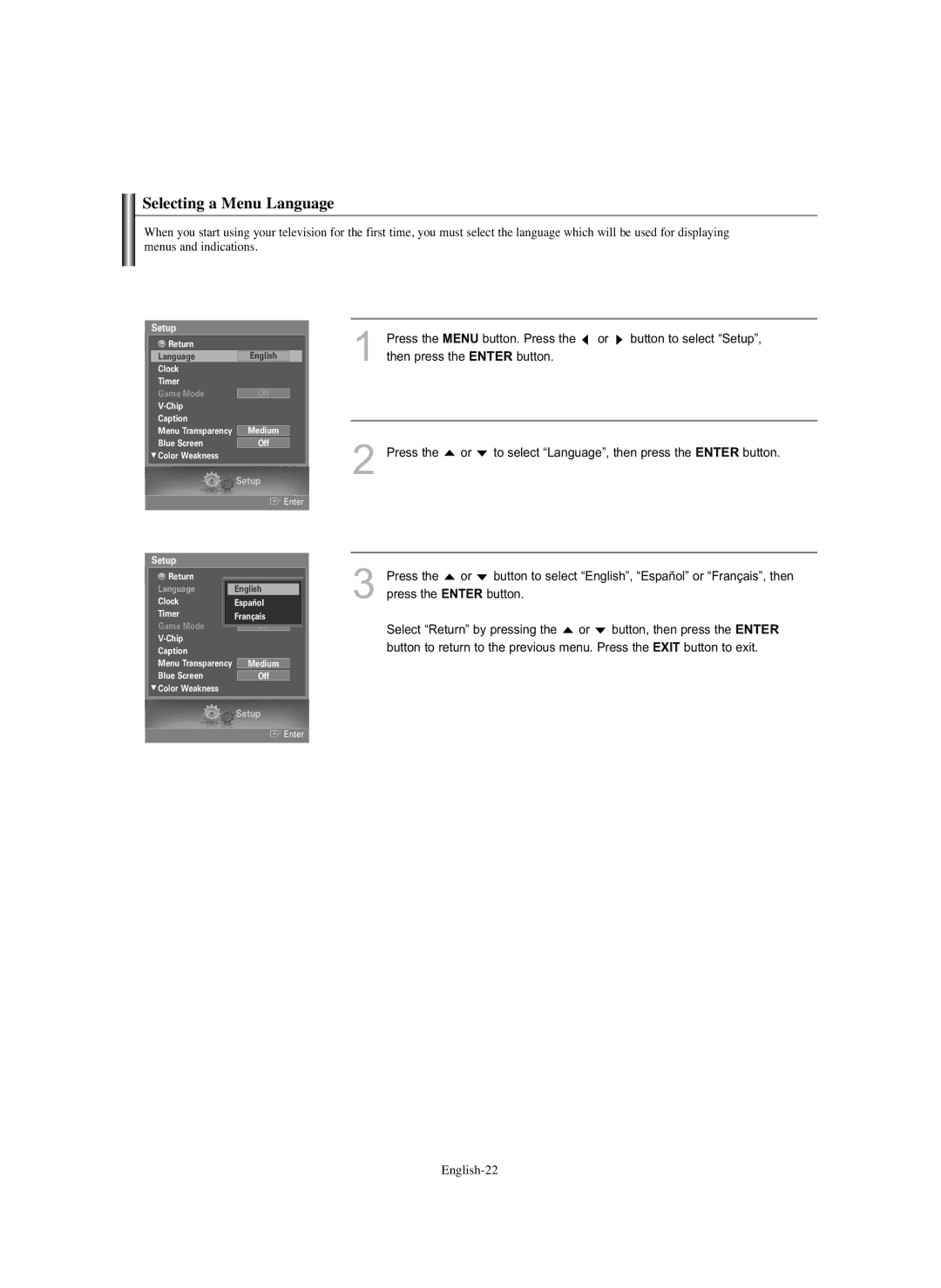 Samsung HL-S5686C manual Selecting a Menu Language, Setup 