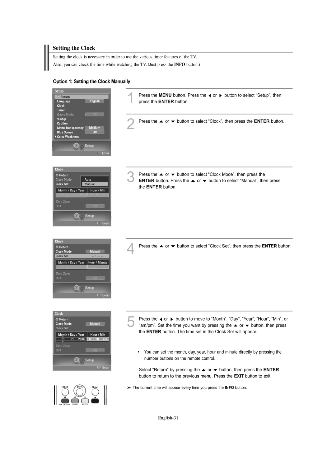 Samsung HL-S5686C manual Option 1 Setting the Clock Manually 