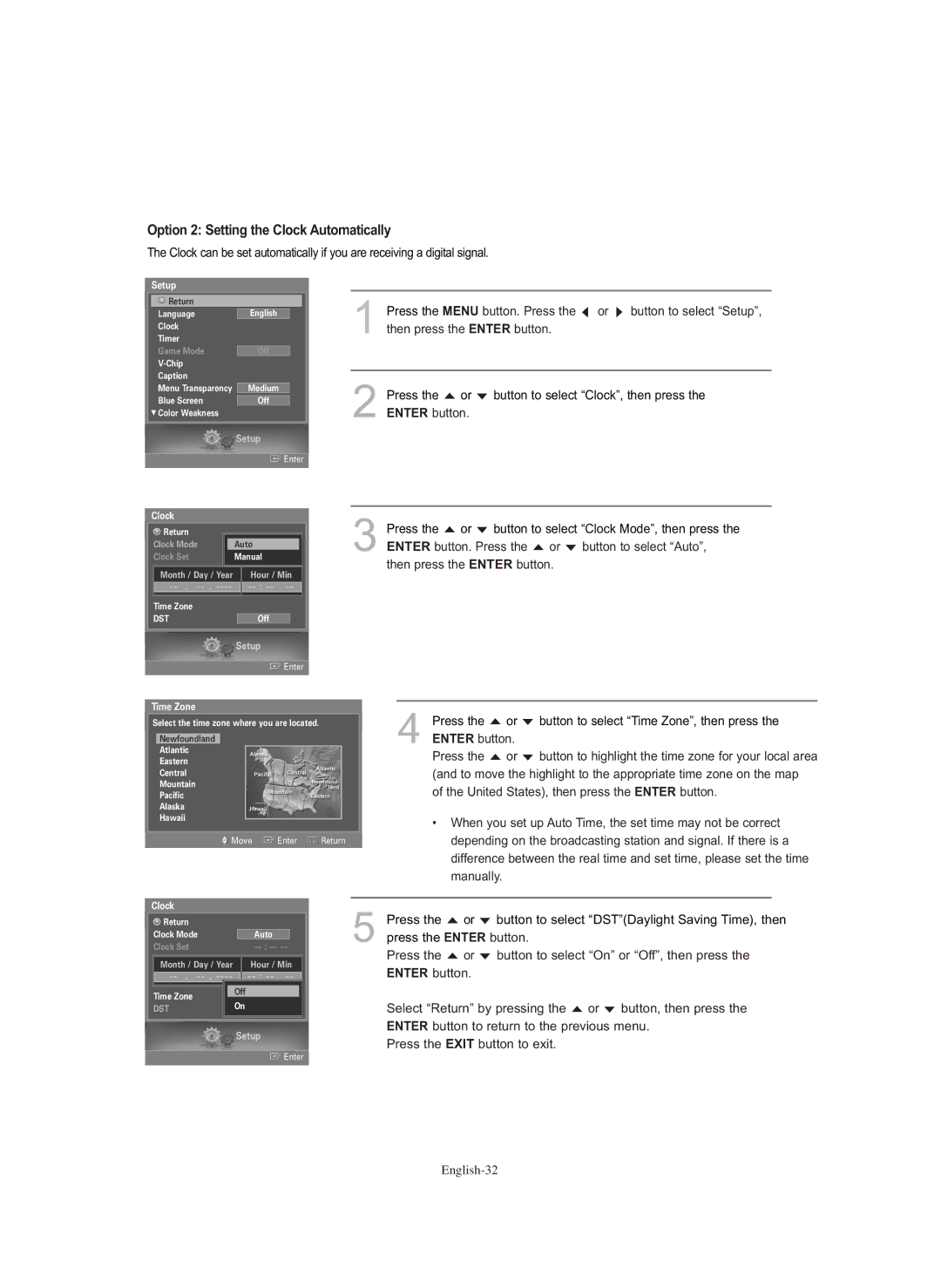 Samsung HL-S5686C manual Option 2 Setting the Clock Automatically, Time Zone 