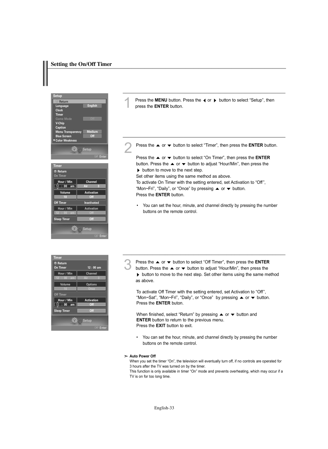 Samsung HL-S5686C manual Setting the On/Off Timer 