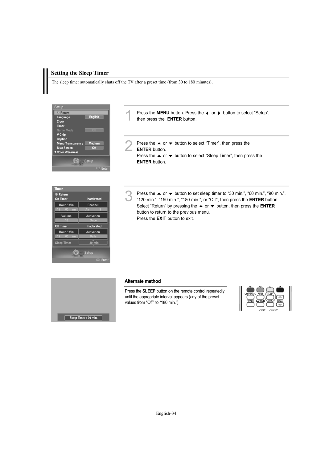 Samsung HL-S5686C manual Setting the Sleep Timer, Alternate method 