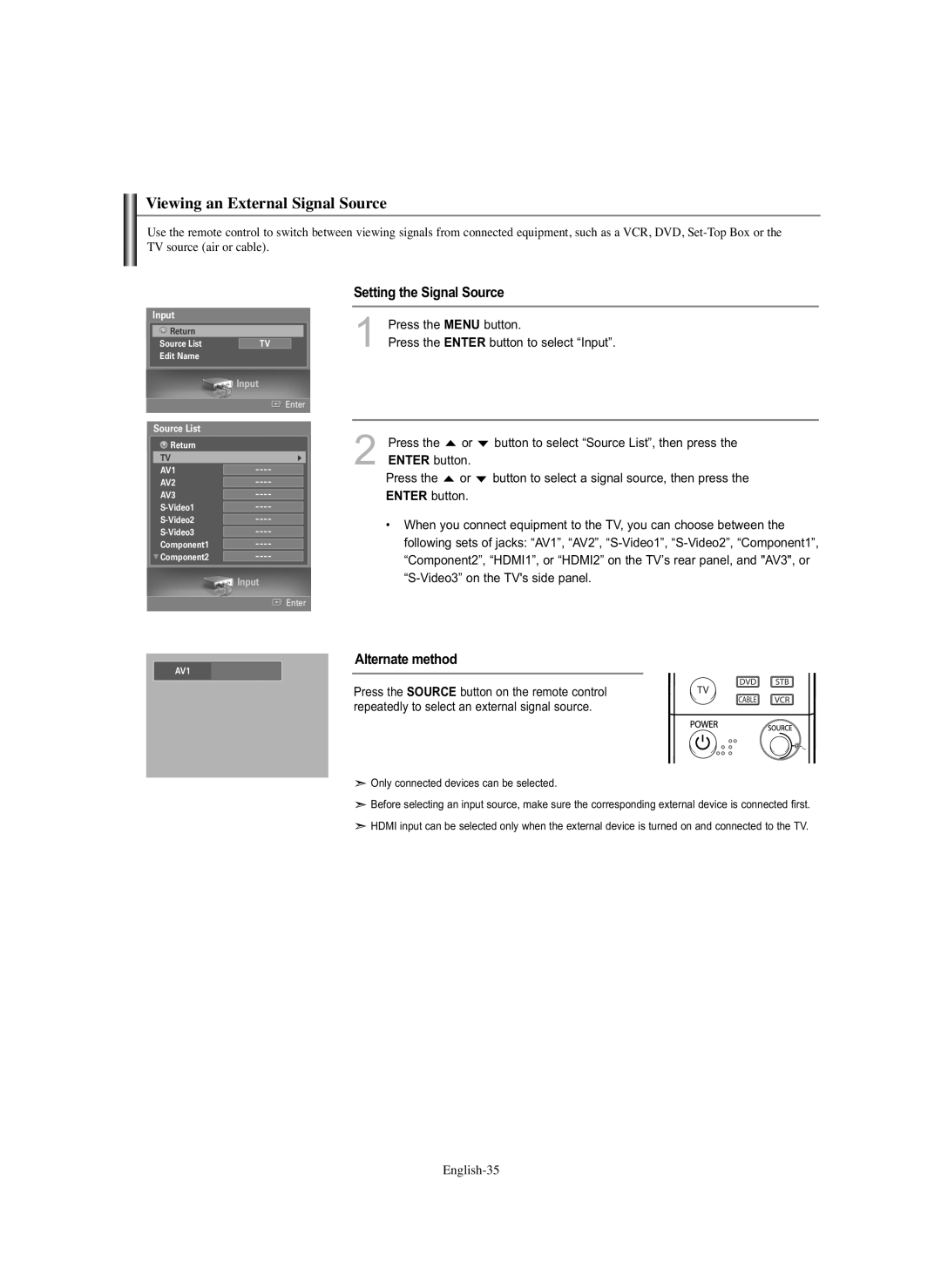 Samsung HL-S5686C manual Viewing an External Signal Source, Setting the Signal Source, Input, Source List 