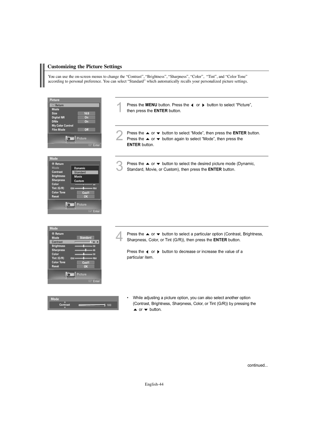 Samsung HL-S5686C manual Customizing the Picture Settings, English-44 