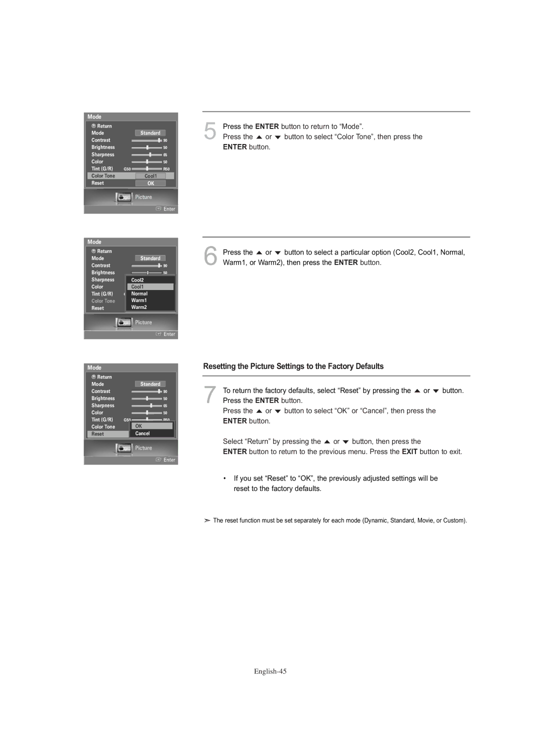 Samsung HL-S5686C manual Resetting the Picture Settings to the Factory Defaults 