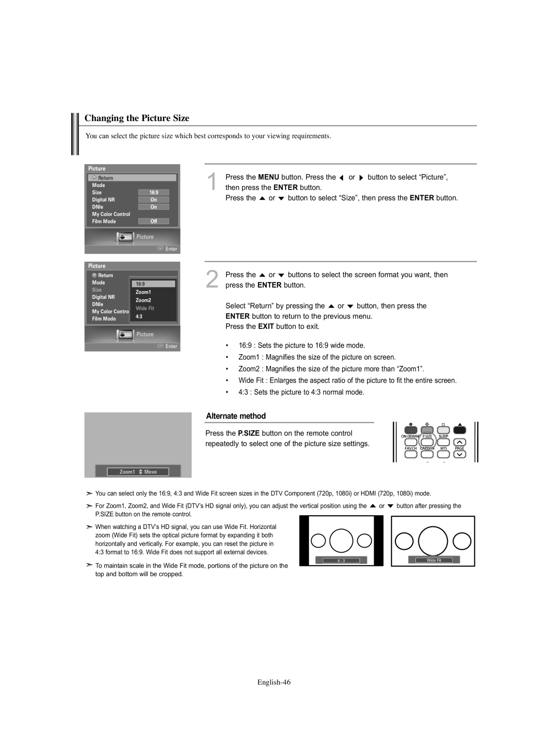 Samsung HL-S5686C manual Changing the Picture Size, Alternate method 