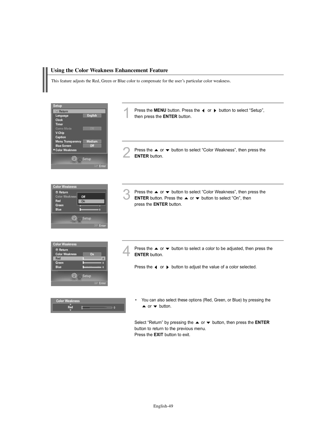 Samsung HL-S5686C manual Using the Color Weakness Enhancement Feature 