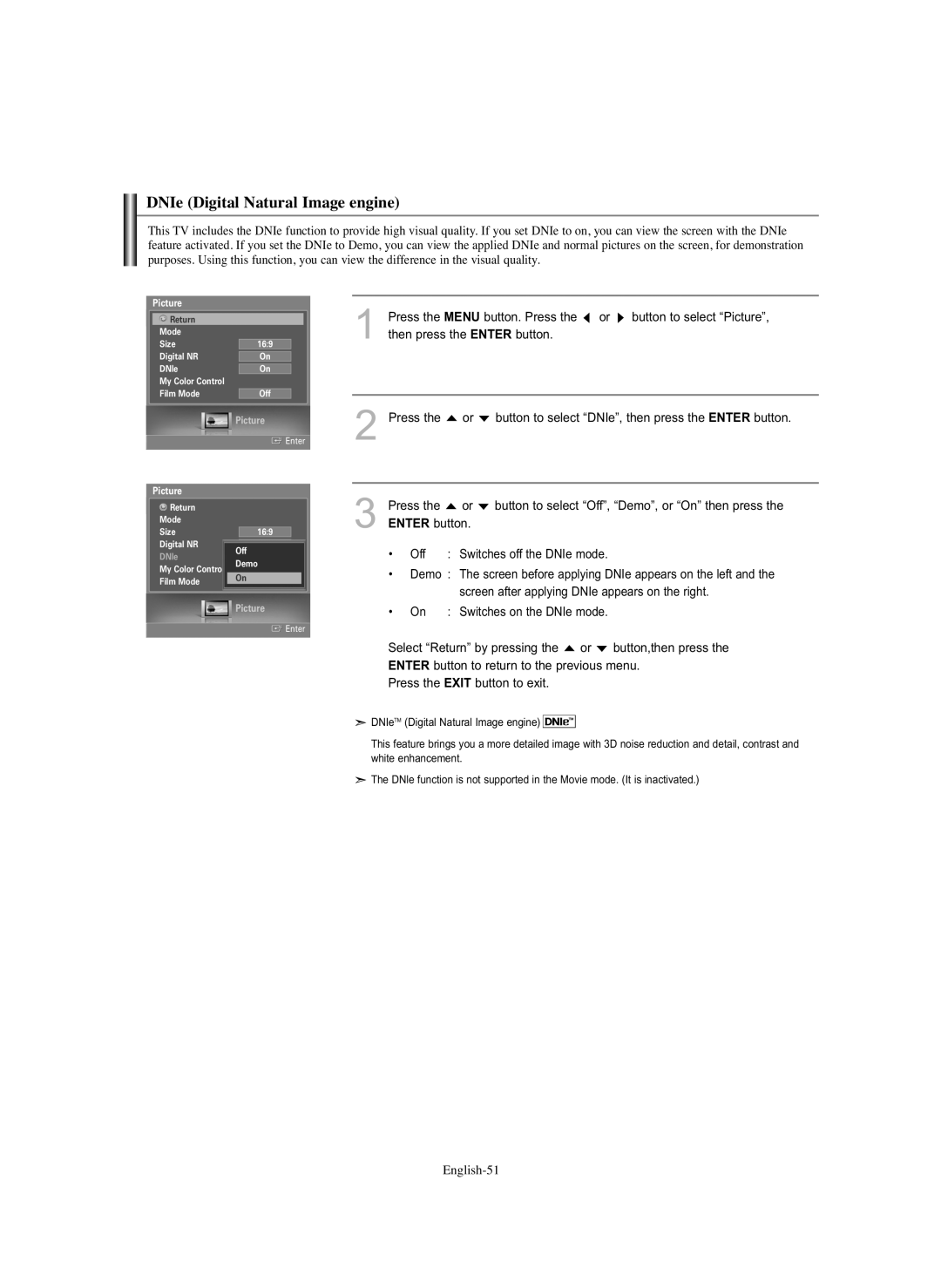 Samsung HL-S5686C manual DNIe Digital Natural Image engine 