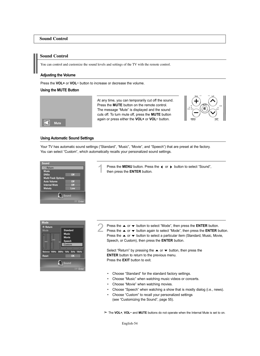 Samsung HL-S5686C manual Sound Control, Adjusting the Volume, Using the Mute Button, Using Automatic Sound Settings 