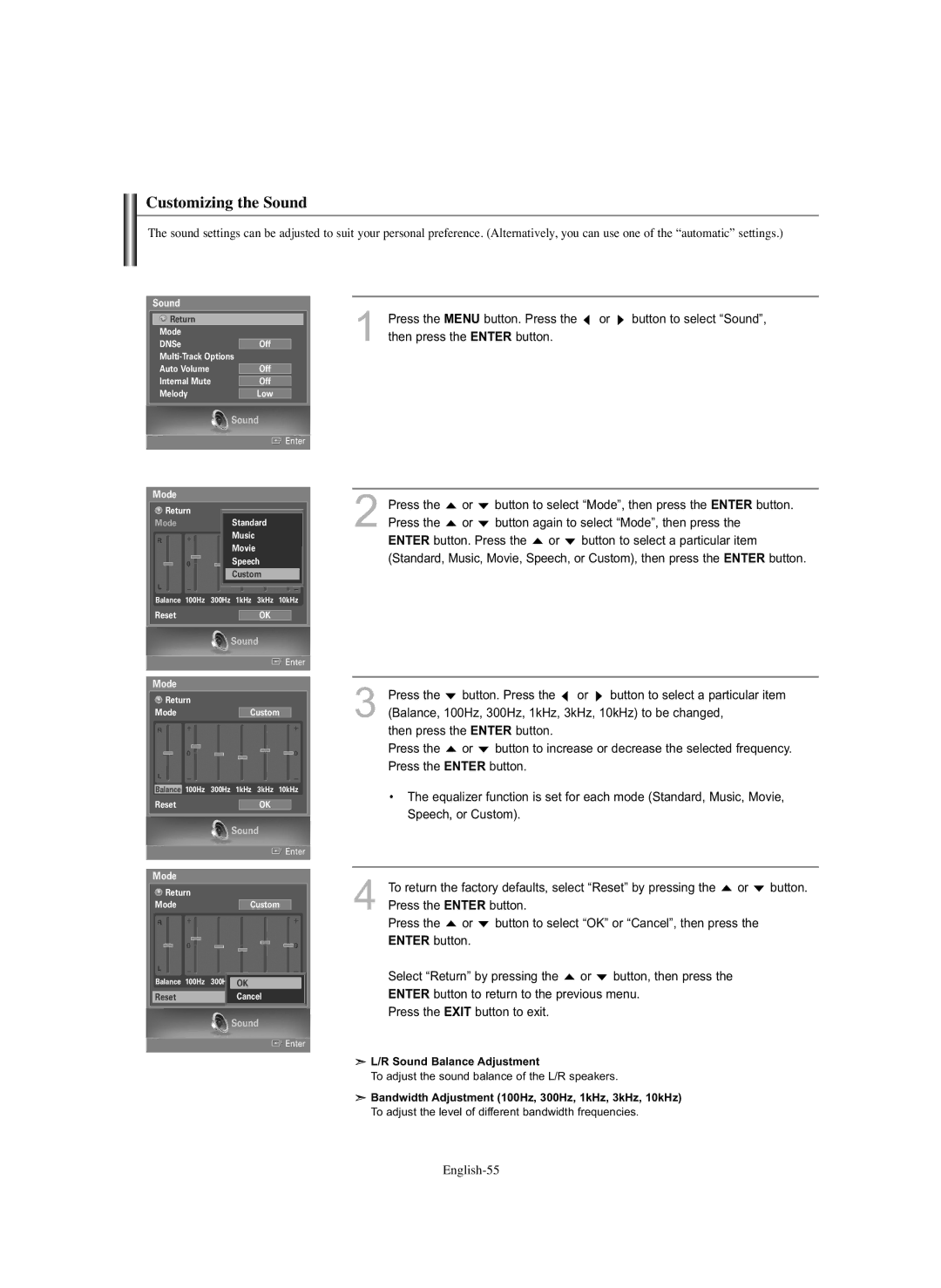 Samsung HL-S5686C manual Customizing the Sound 