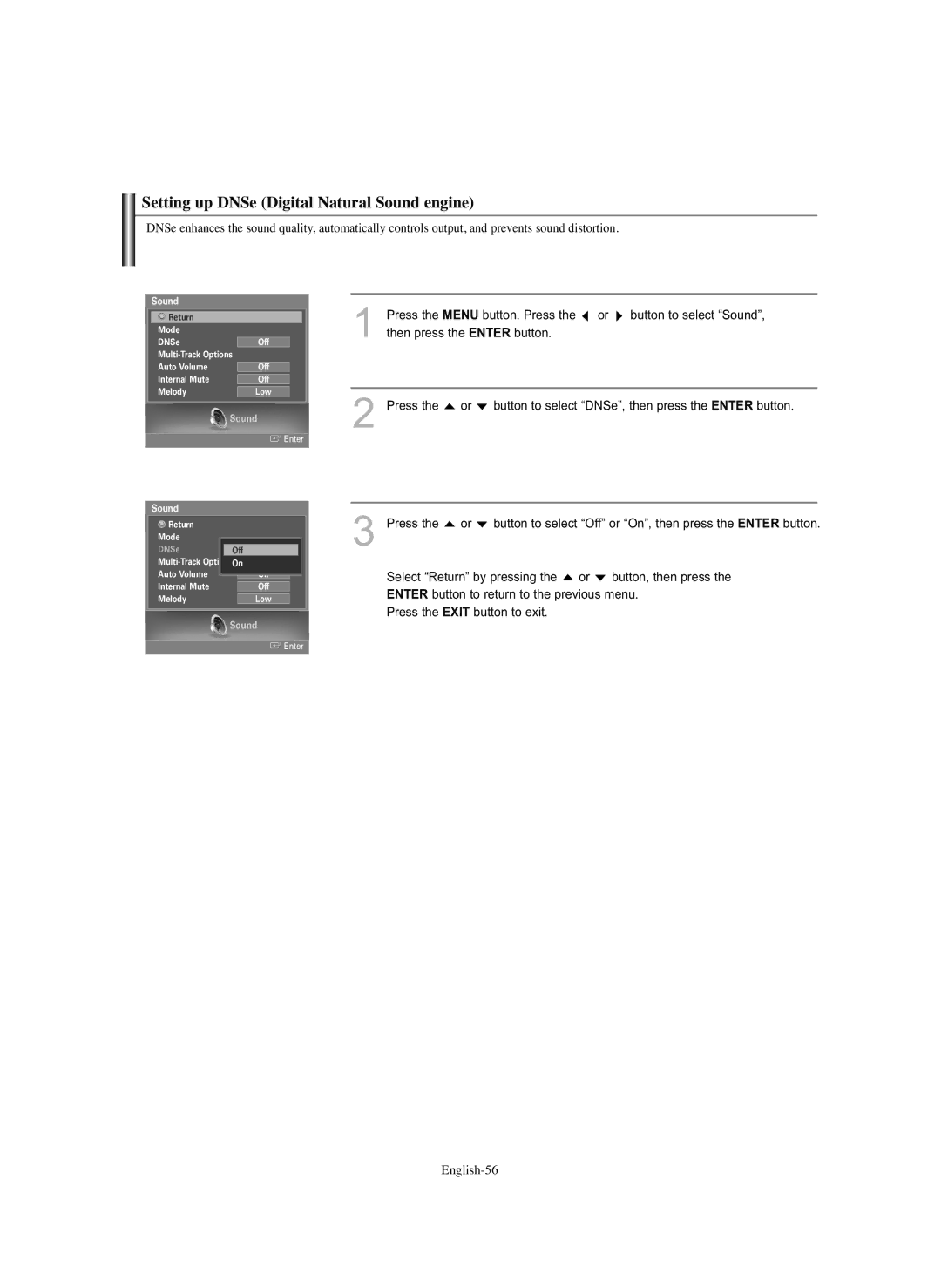 Samsung HL-S5686C manual Setting up DNSe Digital Natural Sound engine 