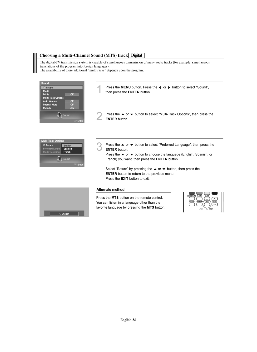 Samsung HL-S5686C manual Choosing a Multi-Channel Sound MTS track Digital, Multi-Track Options 