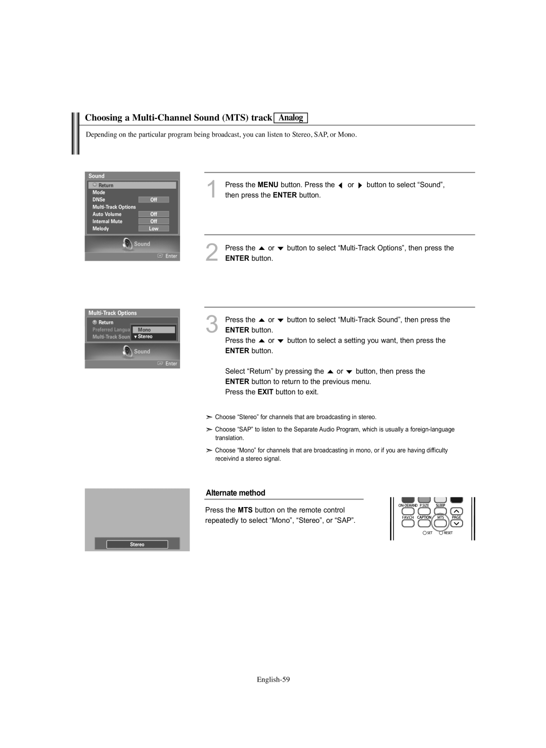 Samsung HL-S5686C manual Choosing a Multi-Channel Sound MTS track Analog 