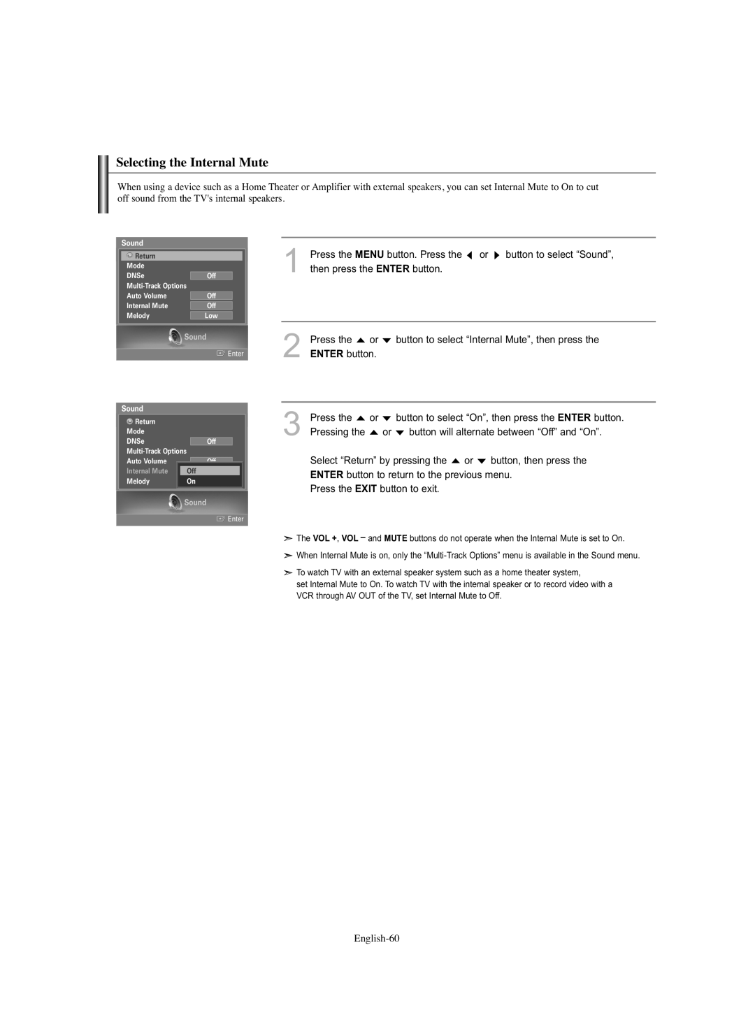 Samsung HL-S5686C manual Selecting the Internal Mute 