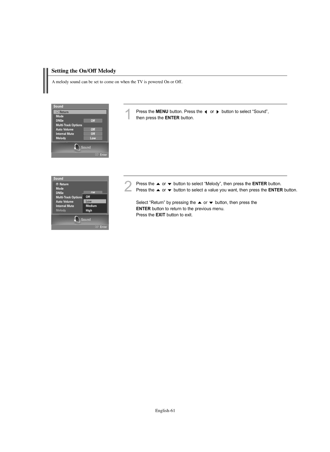 Samsung HL-S5686C manual Setting the On/Off Melody 