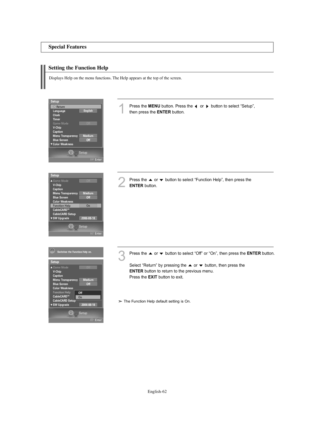 Samsung HL-S5686C manual Special Features Setting the Function Help, Setup 