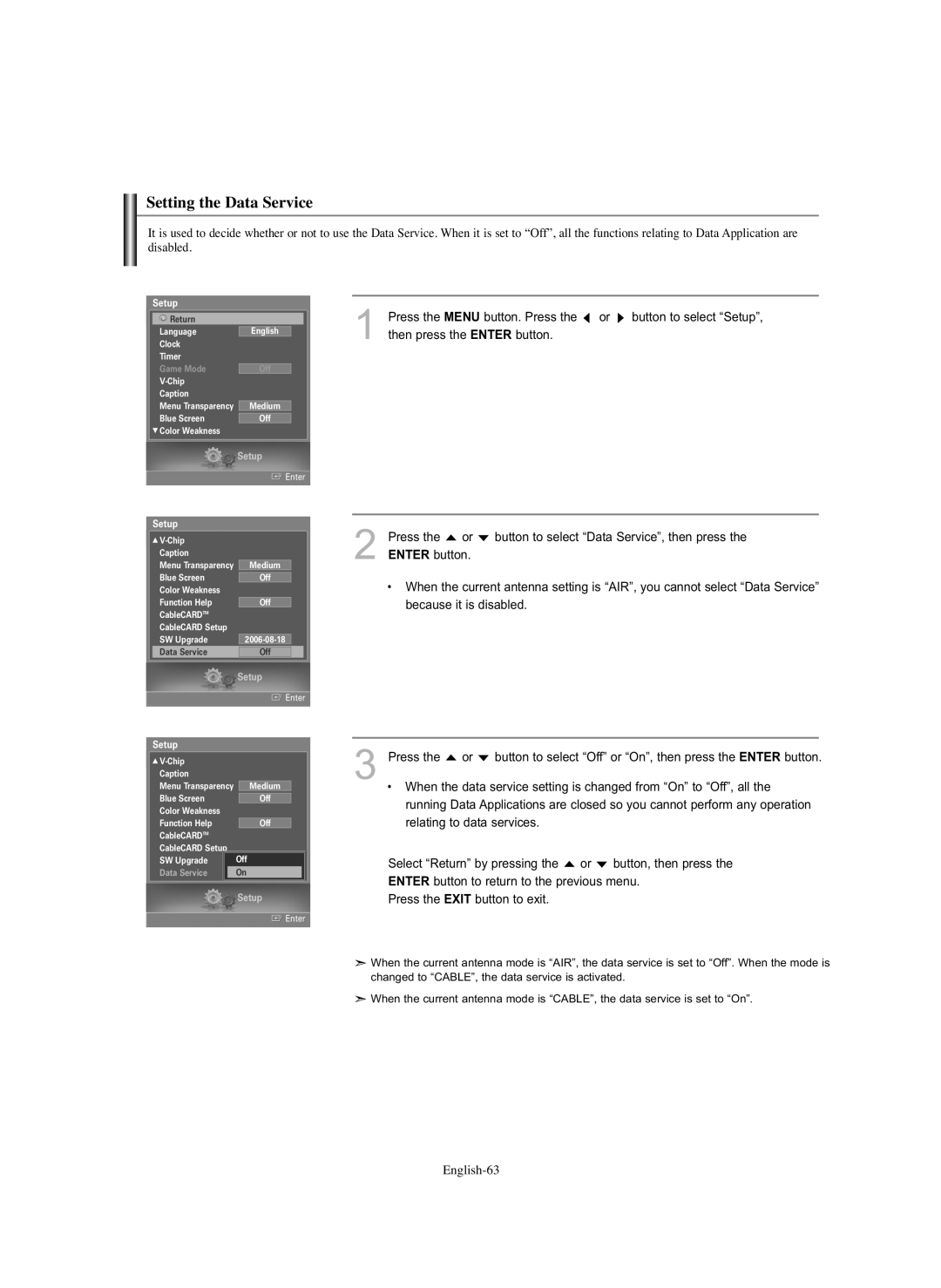 Samsung HL-S5686C manual Setting the Data Service 