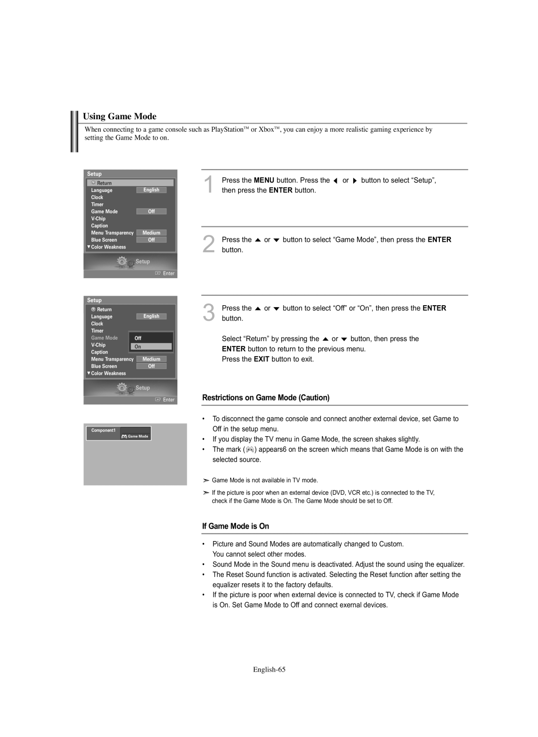 Samsung HL-S5686C manual Using Game Mode, Restrictions on Game Mode Caution, If Game Mode is On 