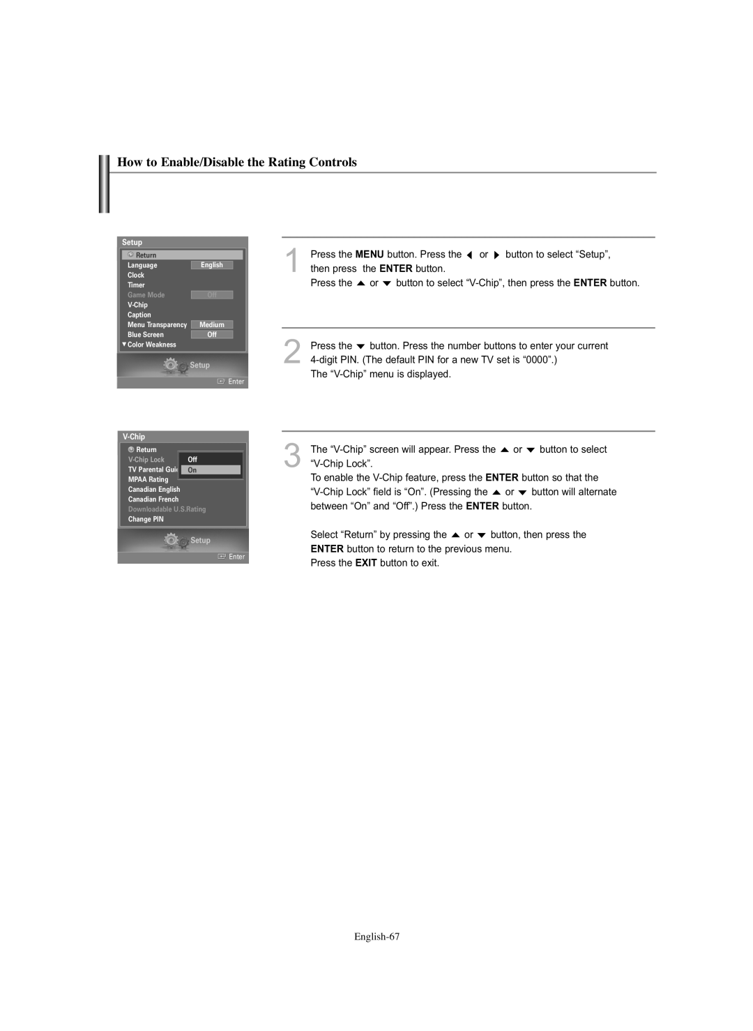 Samsung HL-S5686C manual How to Enable/Disable the Rating Controls 