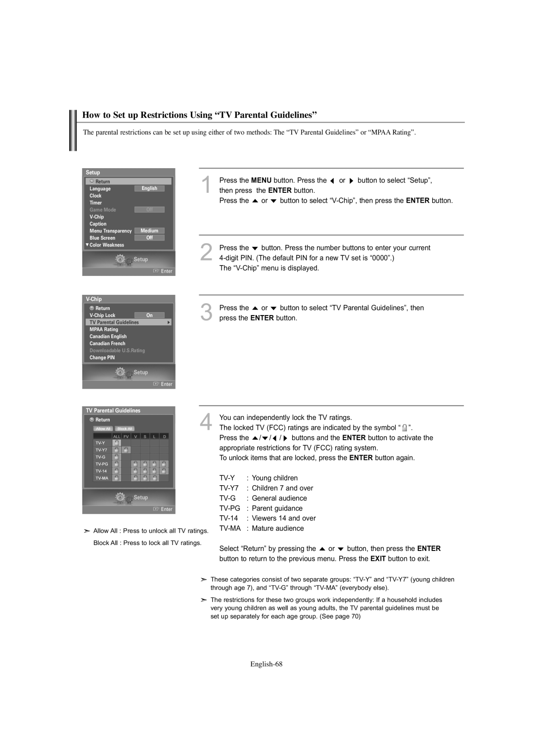 Samsung HL-S5686C manual How to Set up Restrictions Using TV Parental Guidelines 