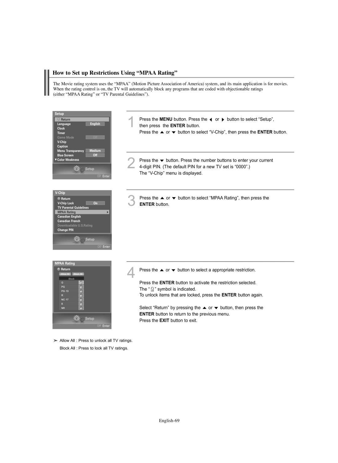 Samsung HL-S5686C manual How to Set up Restrictions Using Mpaa Rating 