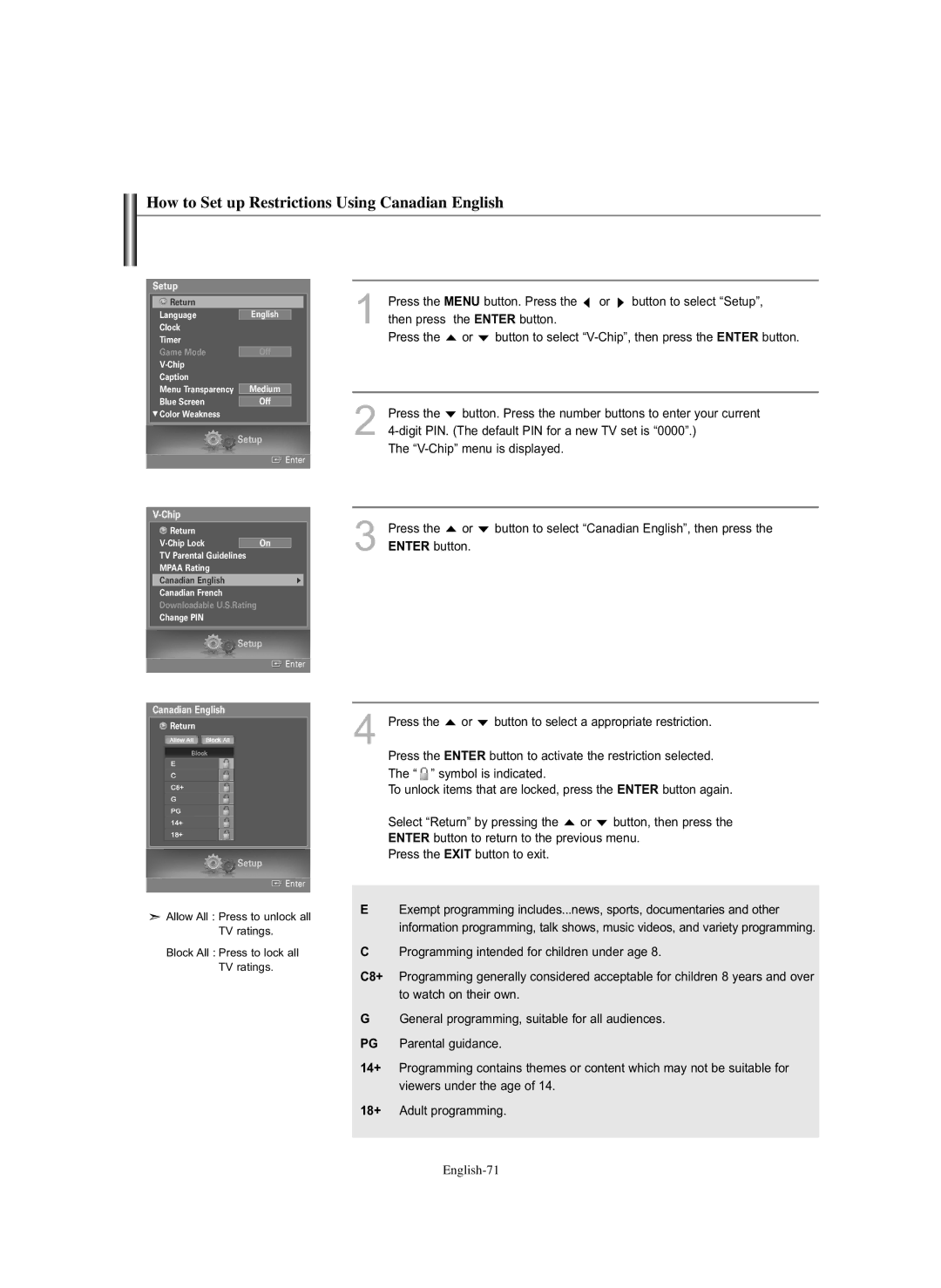 Samsung HL-S5686C manual How to Set up Restrictions Using Canadian English 