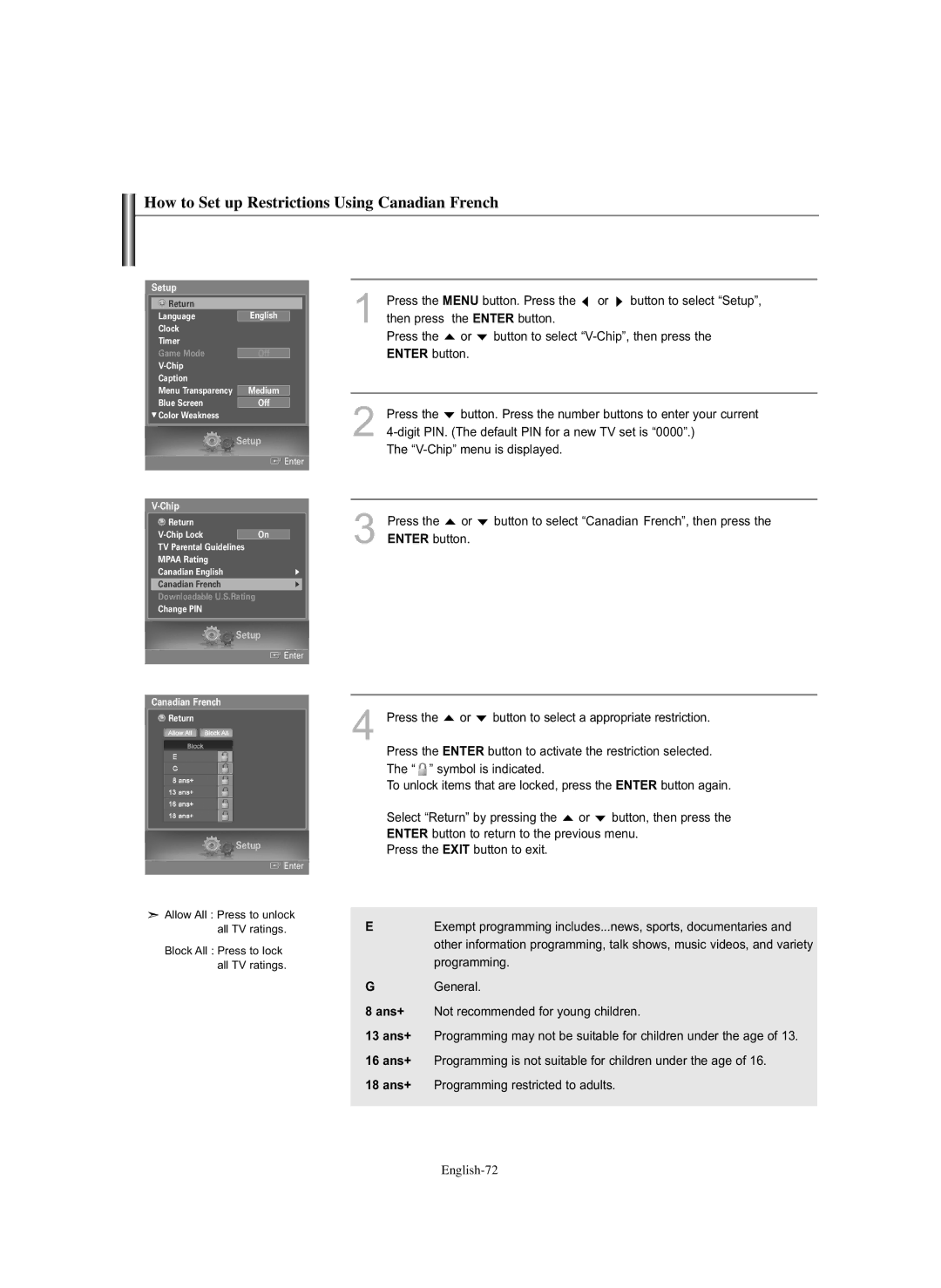 Samsung HL-S5686C manual How to Set up Restrictions Using Canadian French 