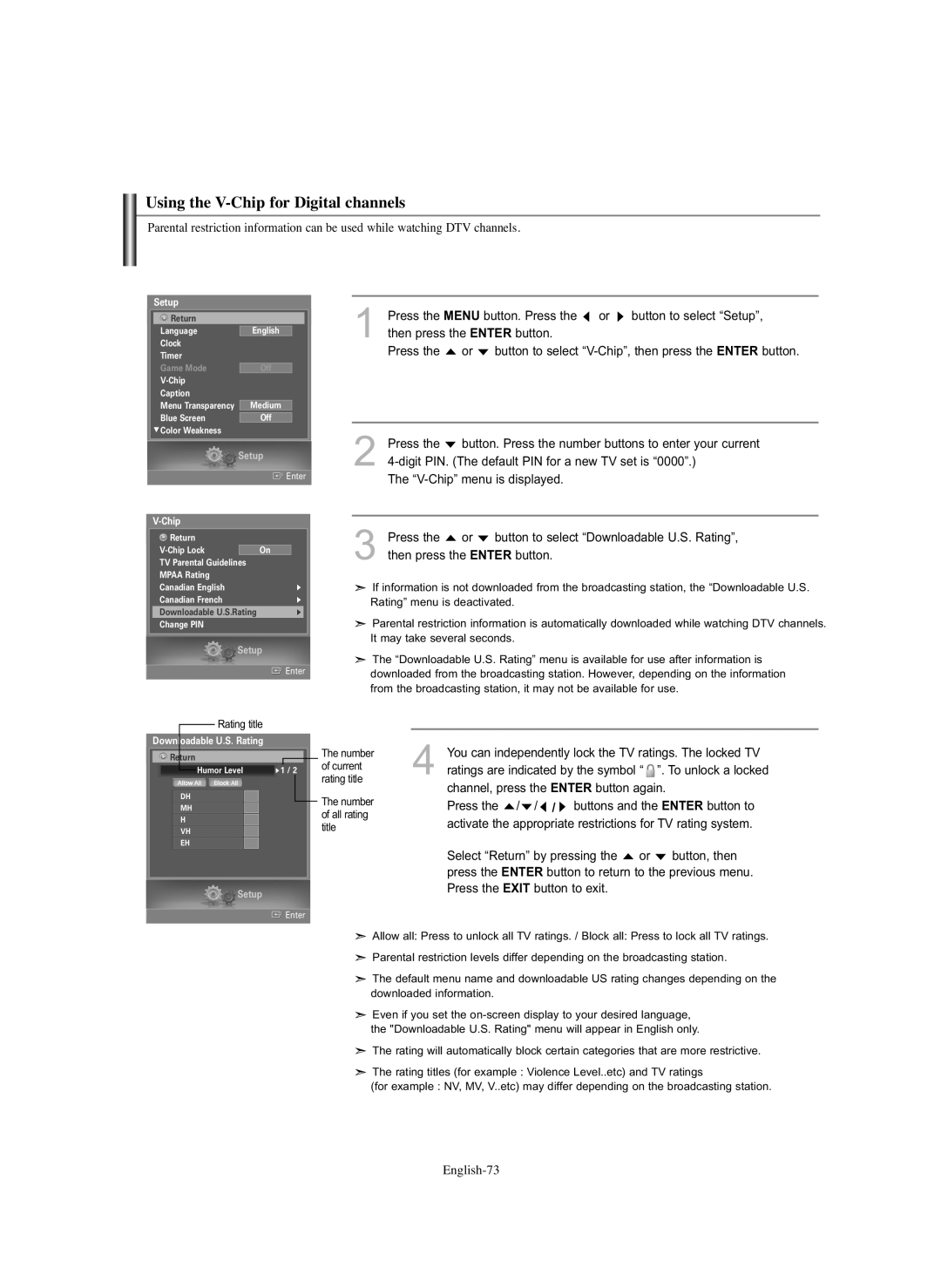 Samsung HL-S5686C manual Using the V-Chip for Digital channels 