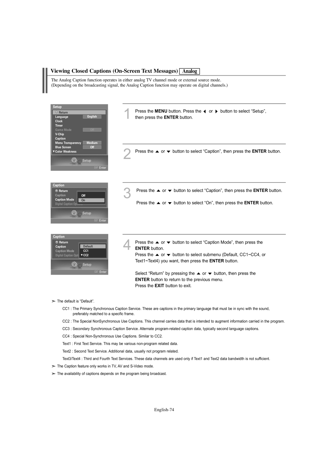 Samsung HL-S5686C manual Viewing Closed Captions On-Screen Text Messages Analog 