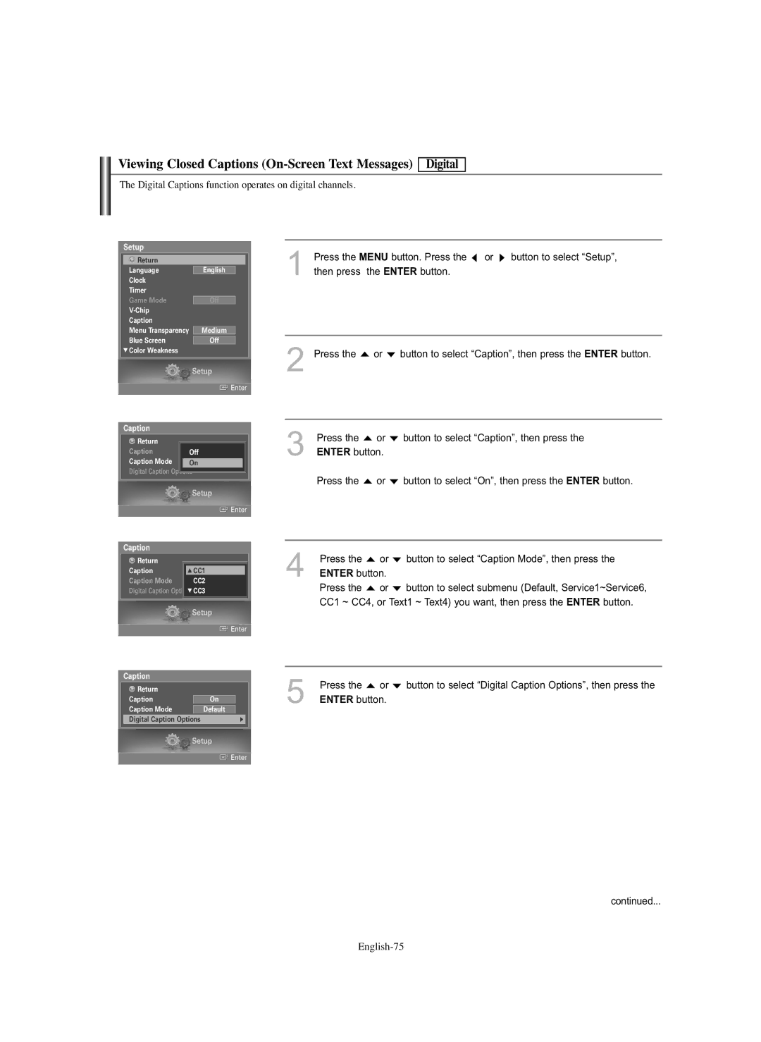 Samsung HL-S5686C manual Viewing Closed Captions On-Screen Text Messages Digital 