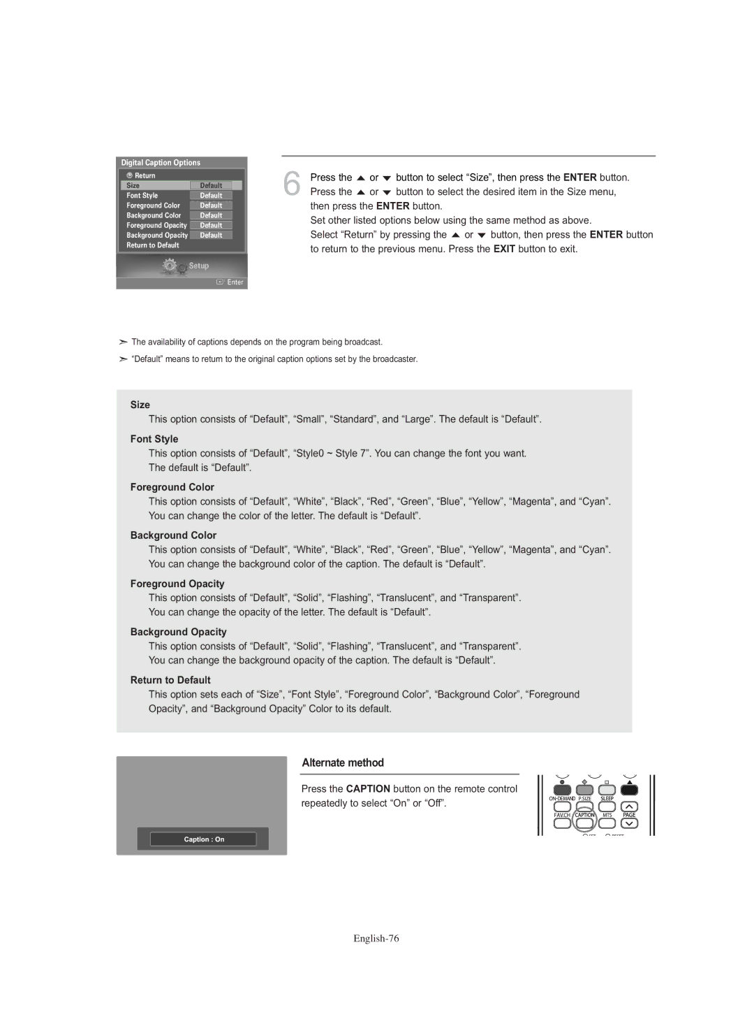 Samsung HL-S5686C manual Font Style, Digital Caption Options 