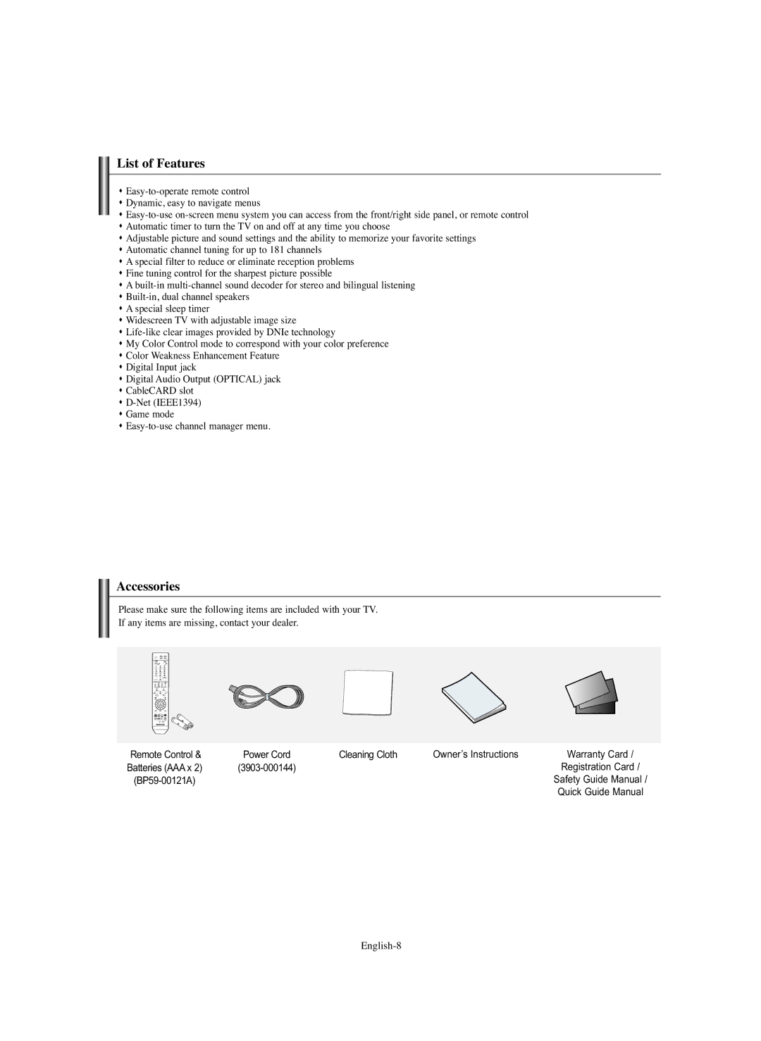 Samsung HL-S5686C manual List of Features, Accessories 