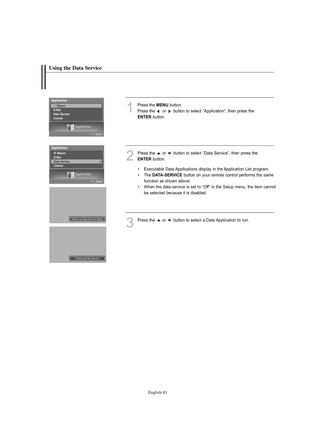 Samsung HL-S5686C manual Using the Data Service, Application 