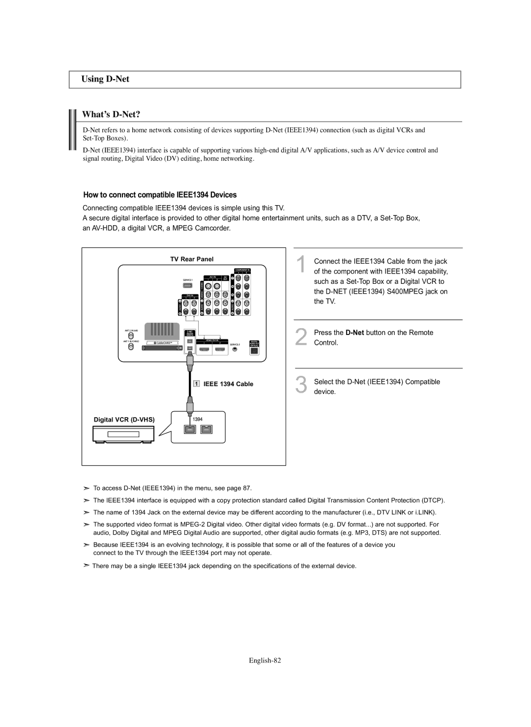 Samsung HL-S5686C manual Using D-Net What’s D-Net?, How to connect compatible IEEE1394 Devices 