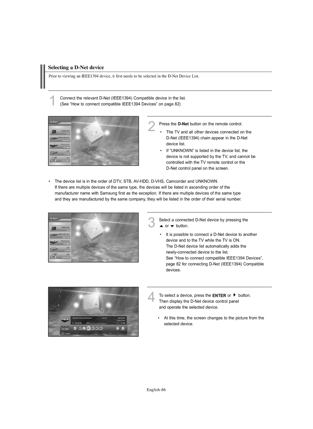 Samsung HL-S5686C manual Selecting a D-Net device, Select a connected D-Net device by pressing Or button 