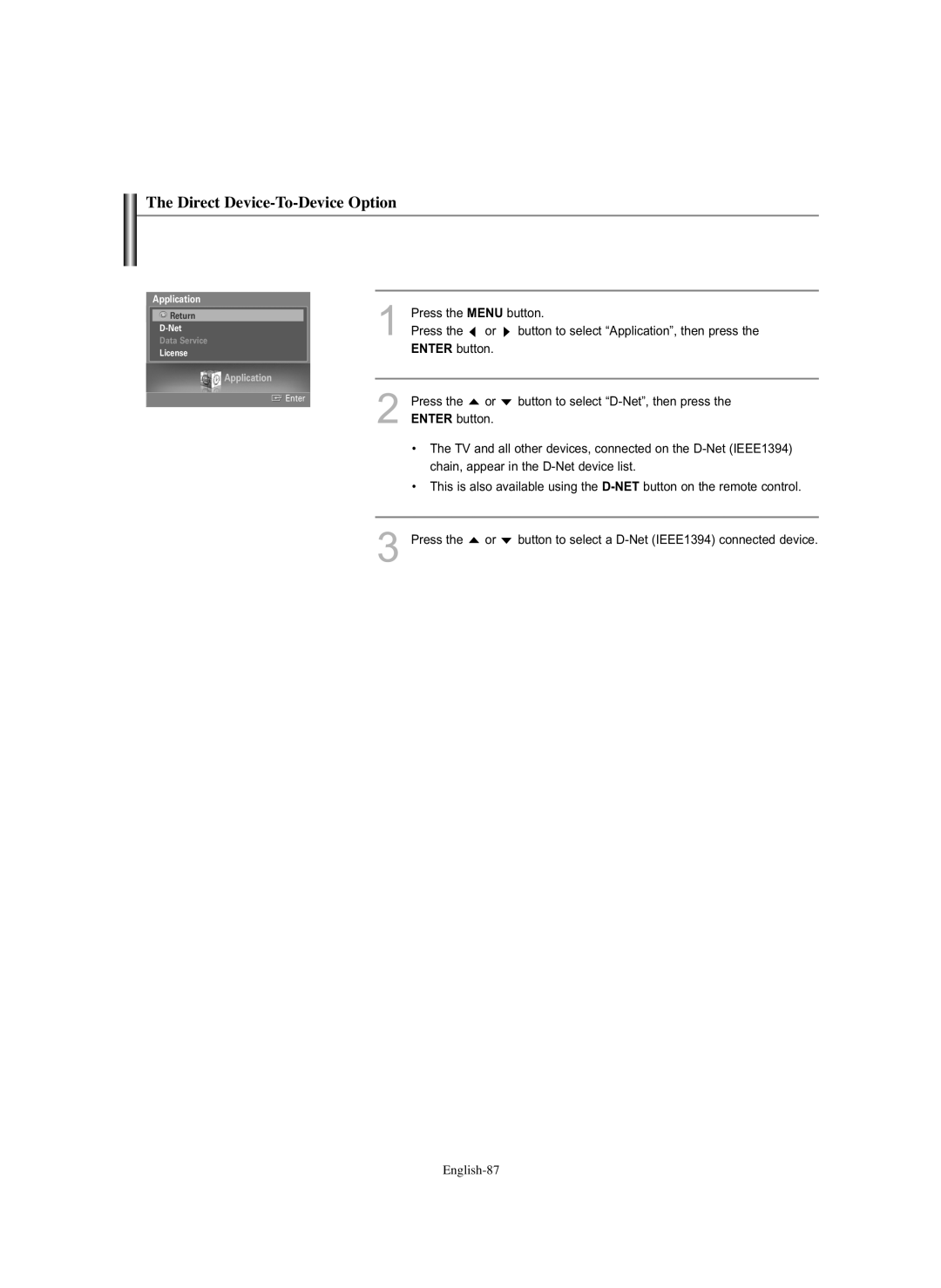 Samsung HL-S5686C manual Direct Device-To-Device Option, Application 