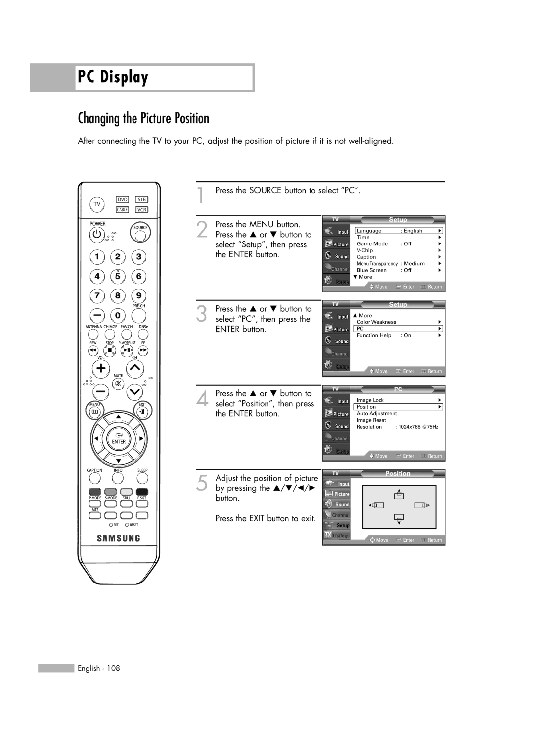 Samsung HL-S6165W manual Changing the Picture Position 