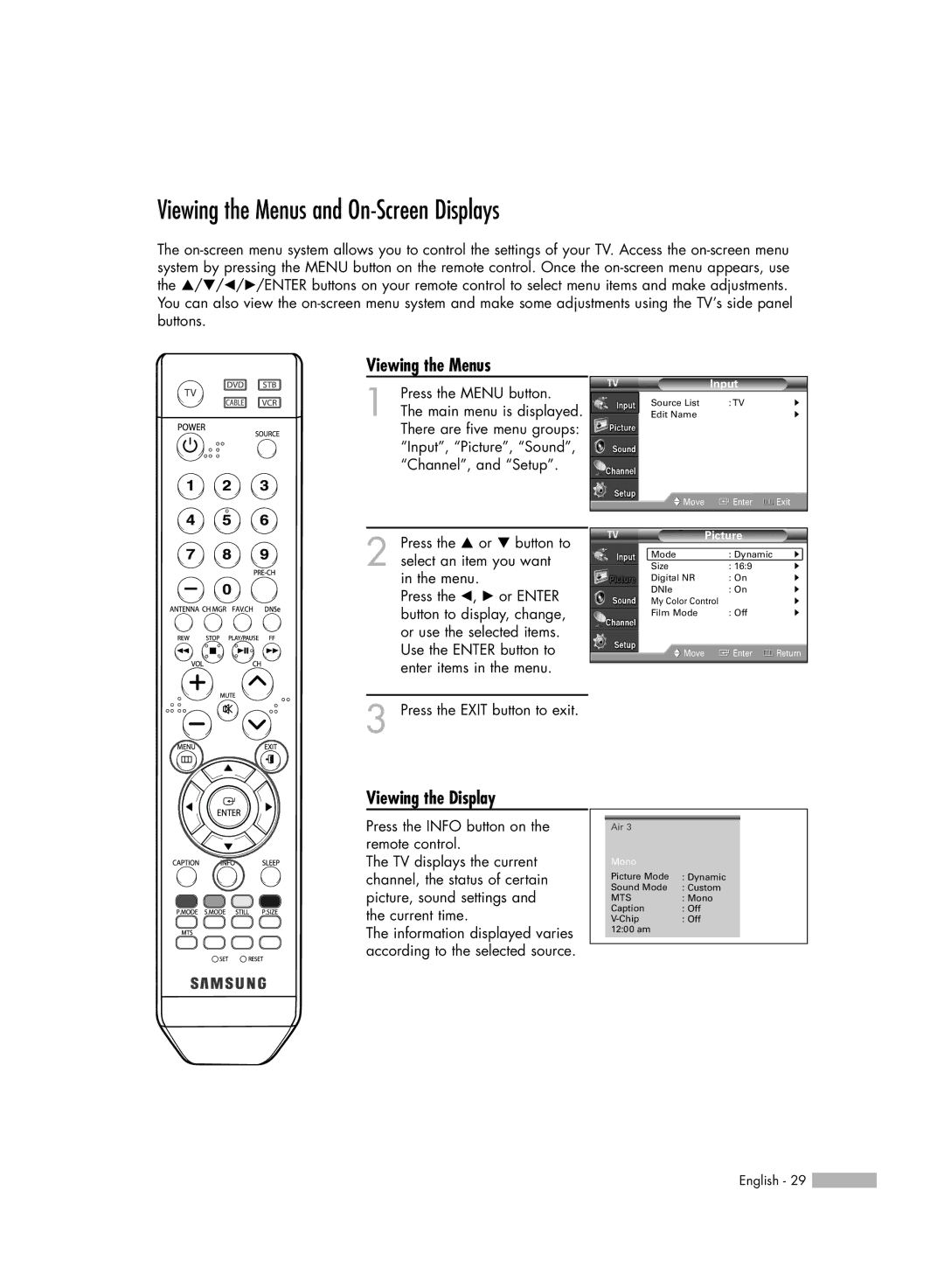 Samsung HL-S6165W manual Viewing the Menus and On-Screen Displays, Viewing the Display 