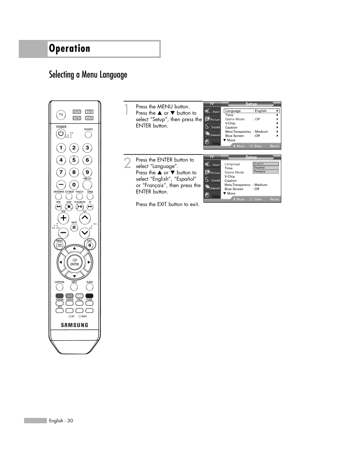 Samsung HL-S6165W manual Selecting a Menu Language, Setup 