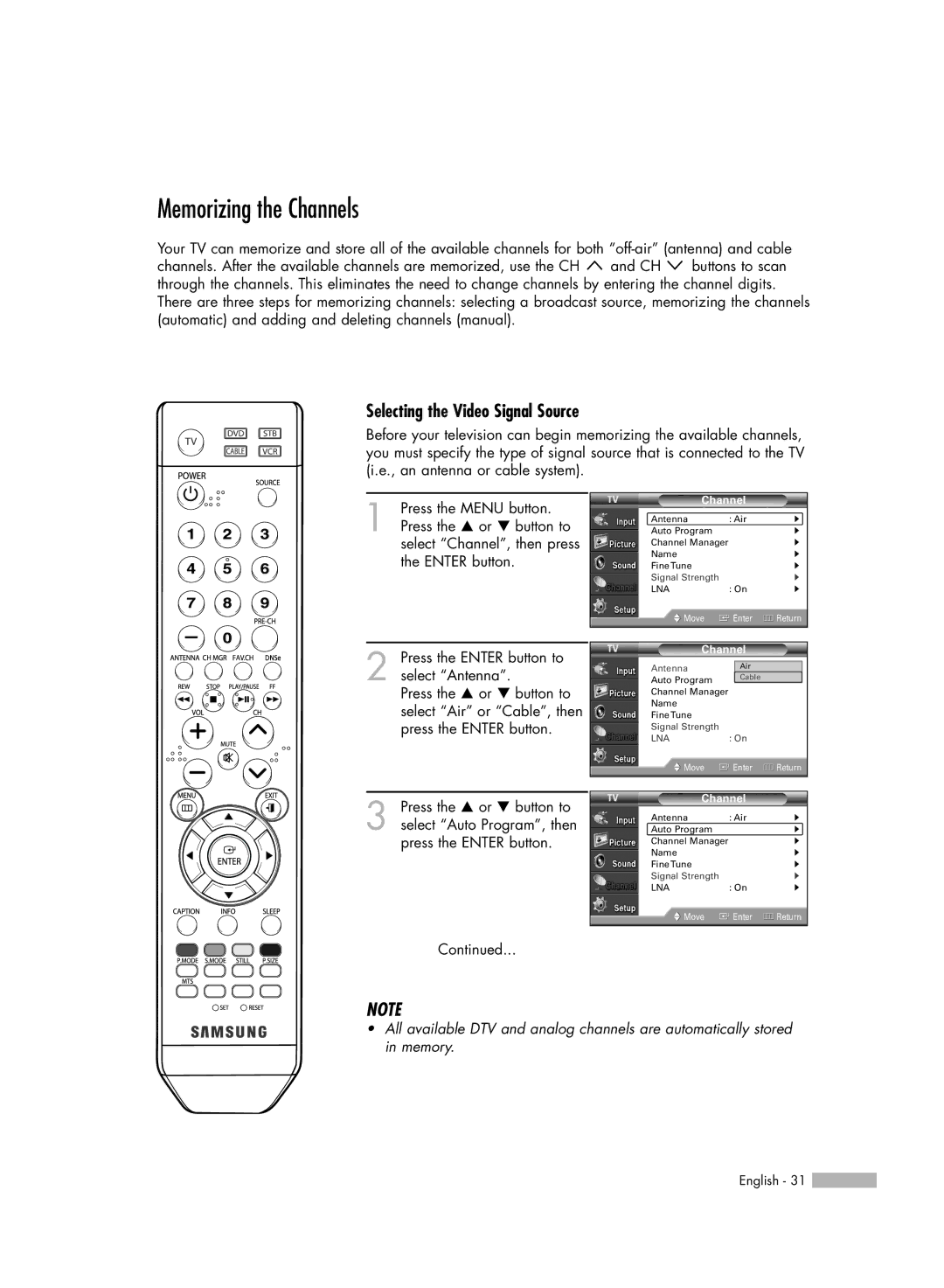 Samsung HL-S6165W manual Memorizing the Channels, Selecting the Video Signal Source 