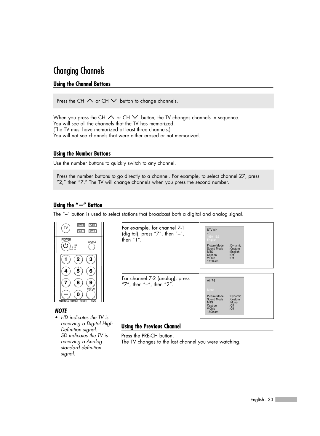 Samsung HL-S6165W manual Changing Channels, Using the Channel Buttons, Using the Number Buttons, Using the Button 