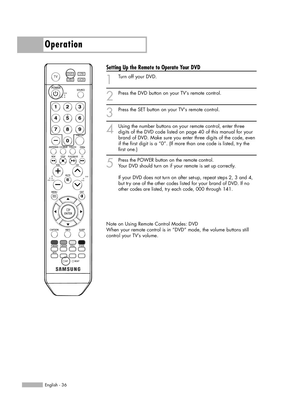 Samsung HL-S6165W manual Setting Up the Remote to Operate Your DVD 